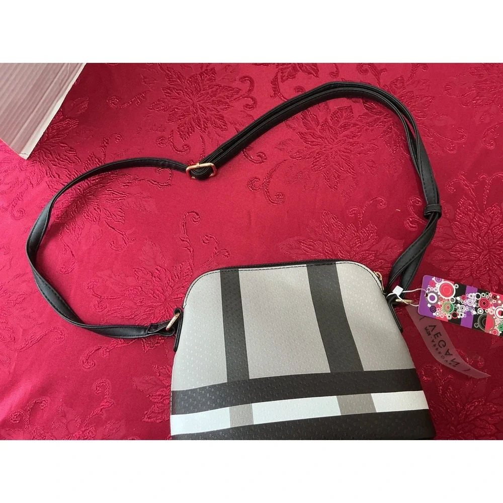 New Vegan Leather Plaid Crossbody Bag Black Grey White Tassel Dome Purse - Picture 3 of 14